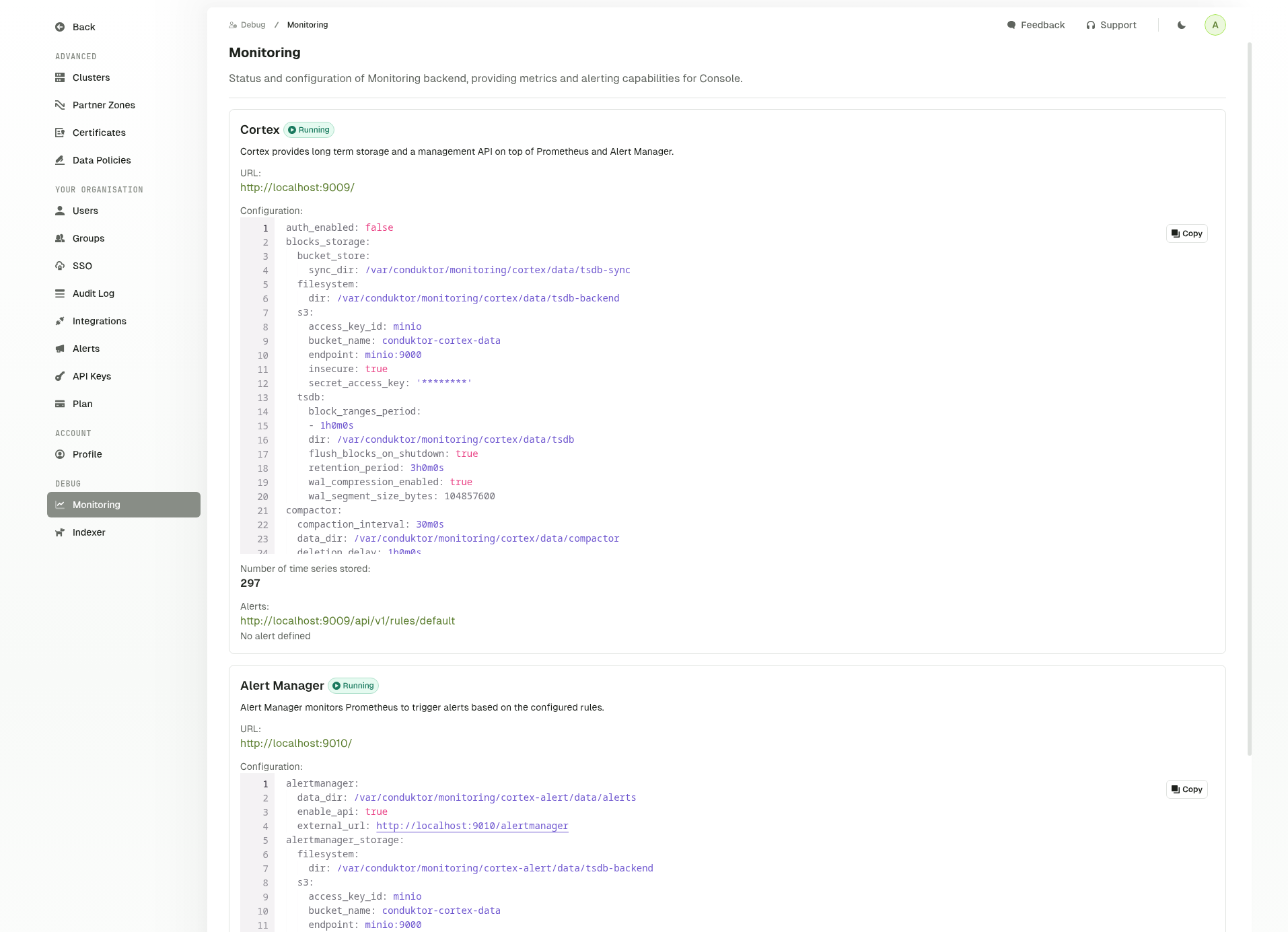 Monitoring debug page