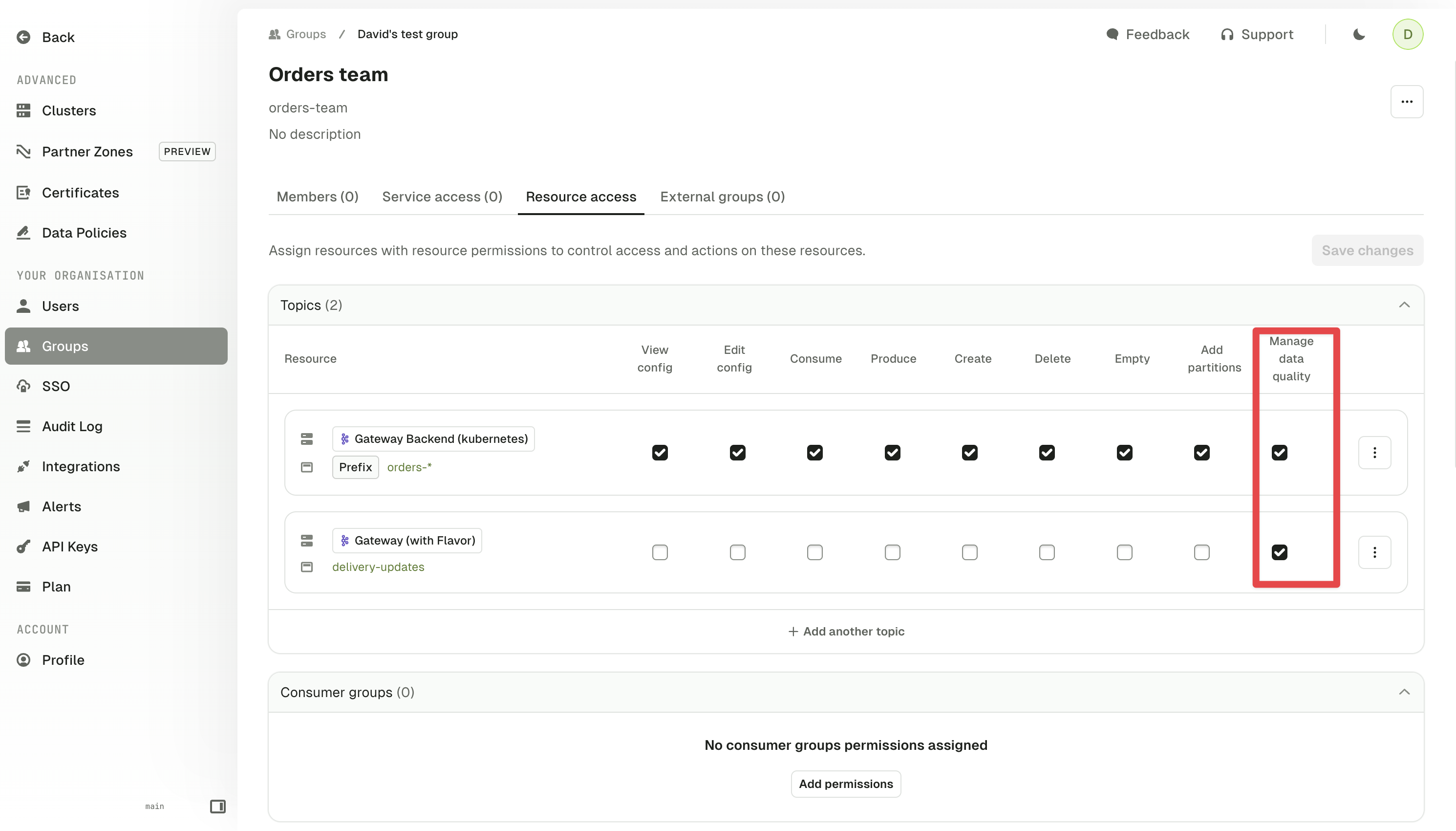 The 'manage data quality' permission