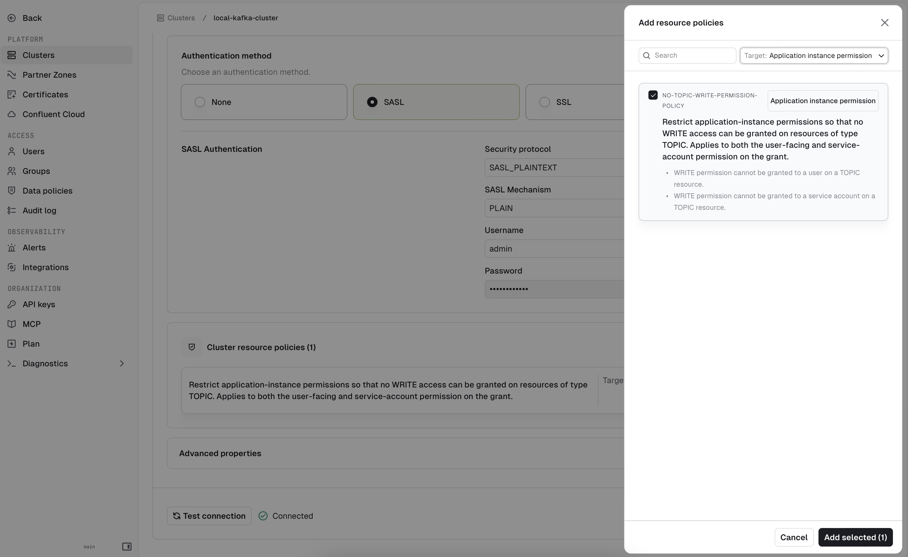 Assign an Application instance permission resource policy to a cluster from the Add resource policies panel
