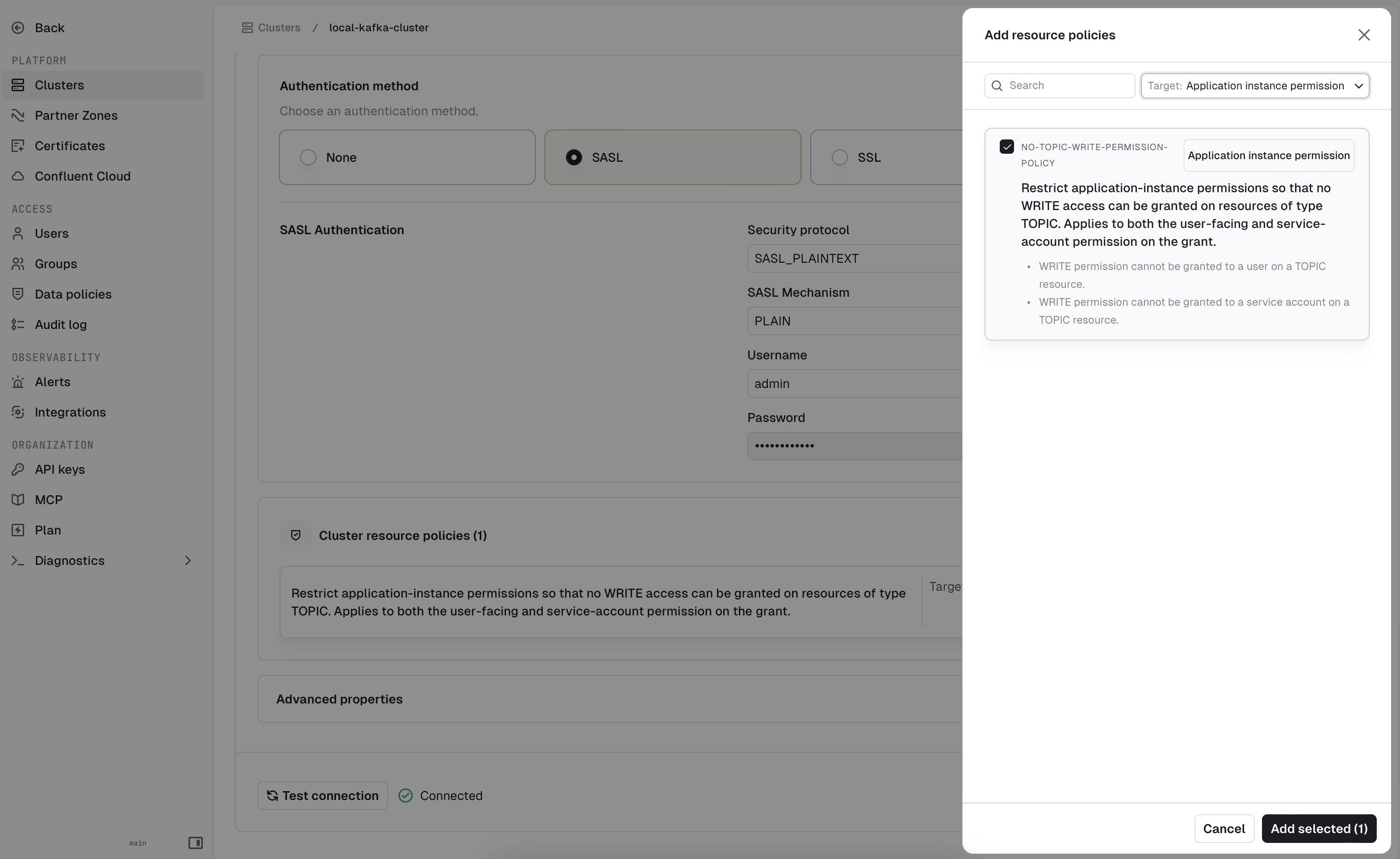 Assign an Application instance permission resource policy to a cluster from the Add resource policies panel