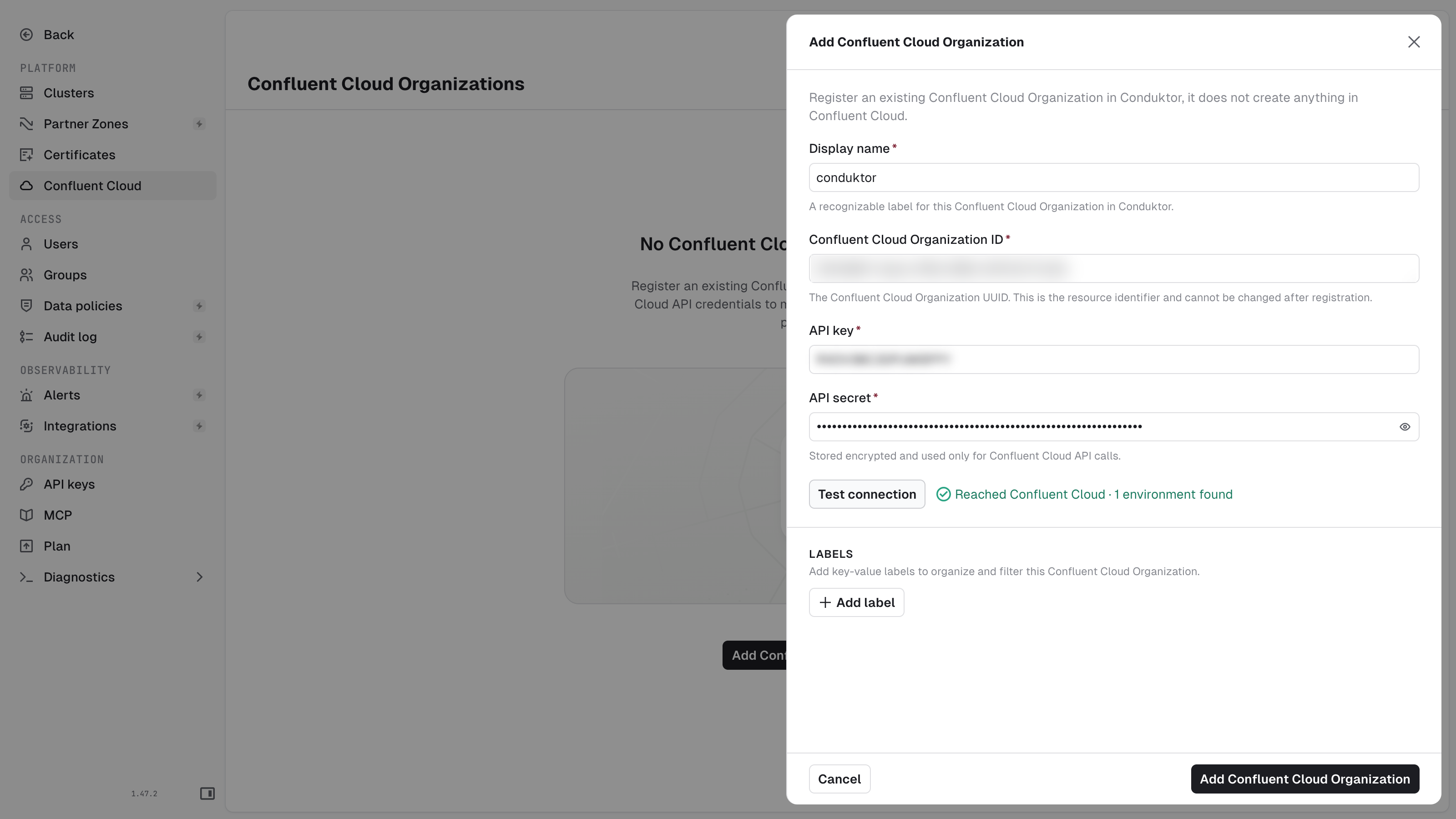 Add Confluent Cloud Organization form with a successful connection test