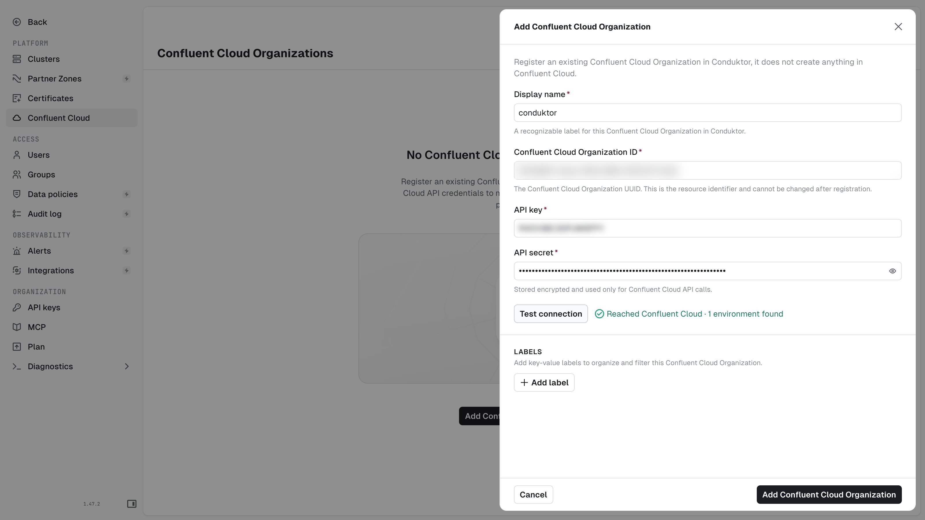 Add Confluent Cloud Organization form with a successful connection test