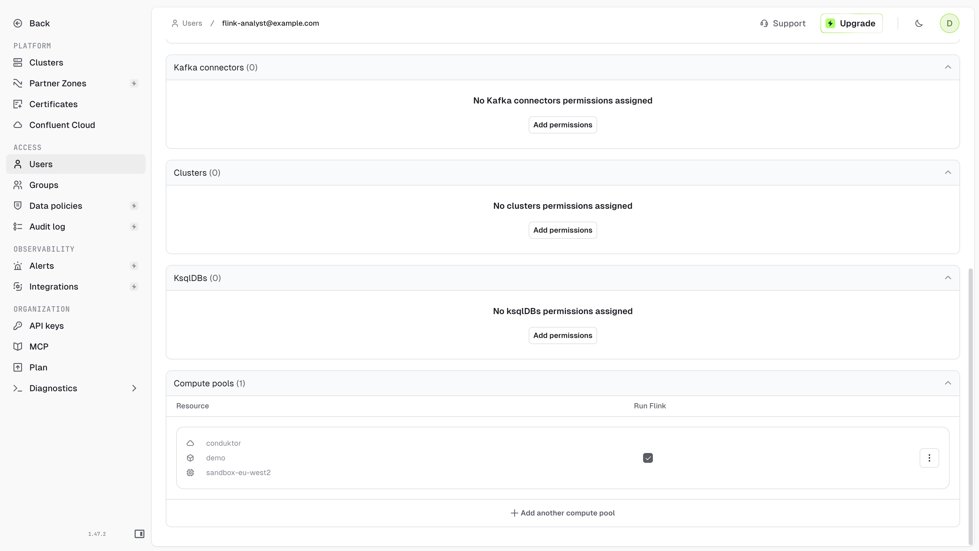 A user's Compute pools permissions with Run Flink on one compute pool