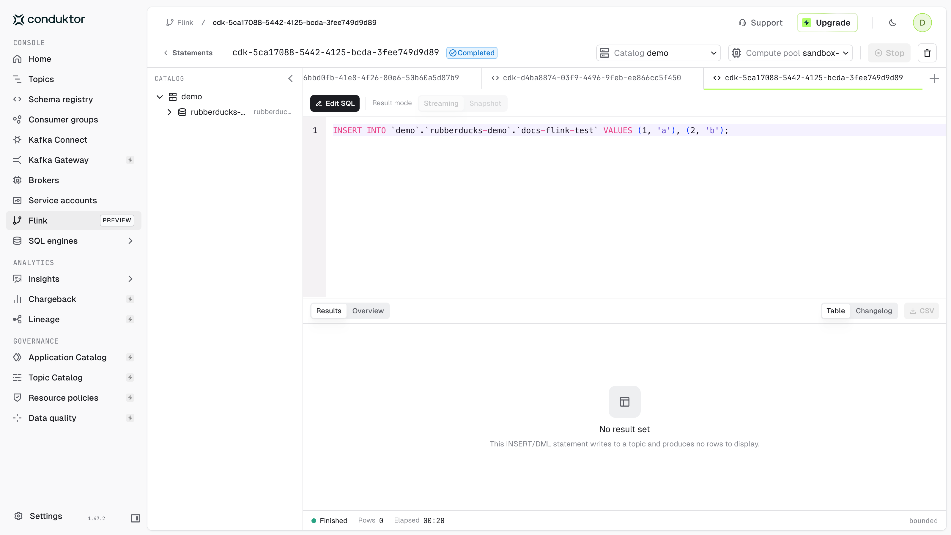 An INSERT statement completed, with No result set in the results pane