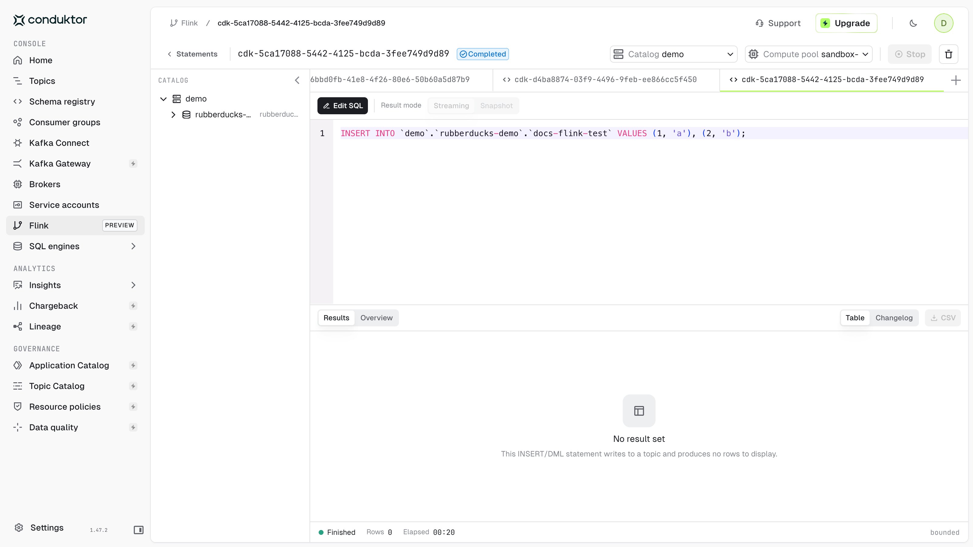 An INSERT statement completed, with No result set in the results pane