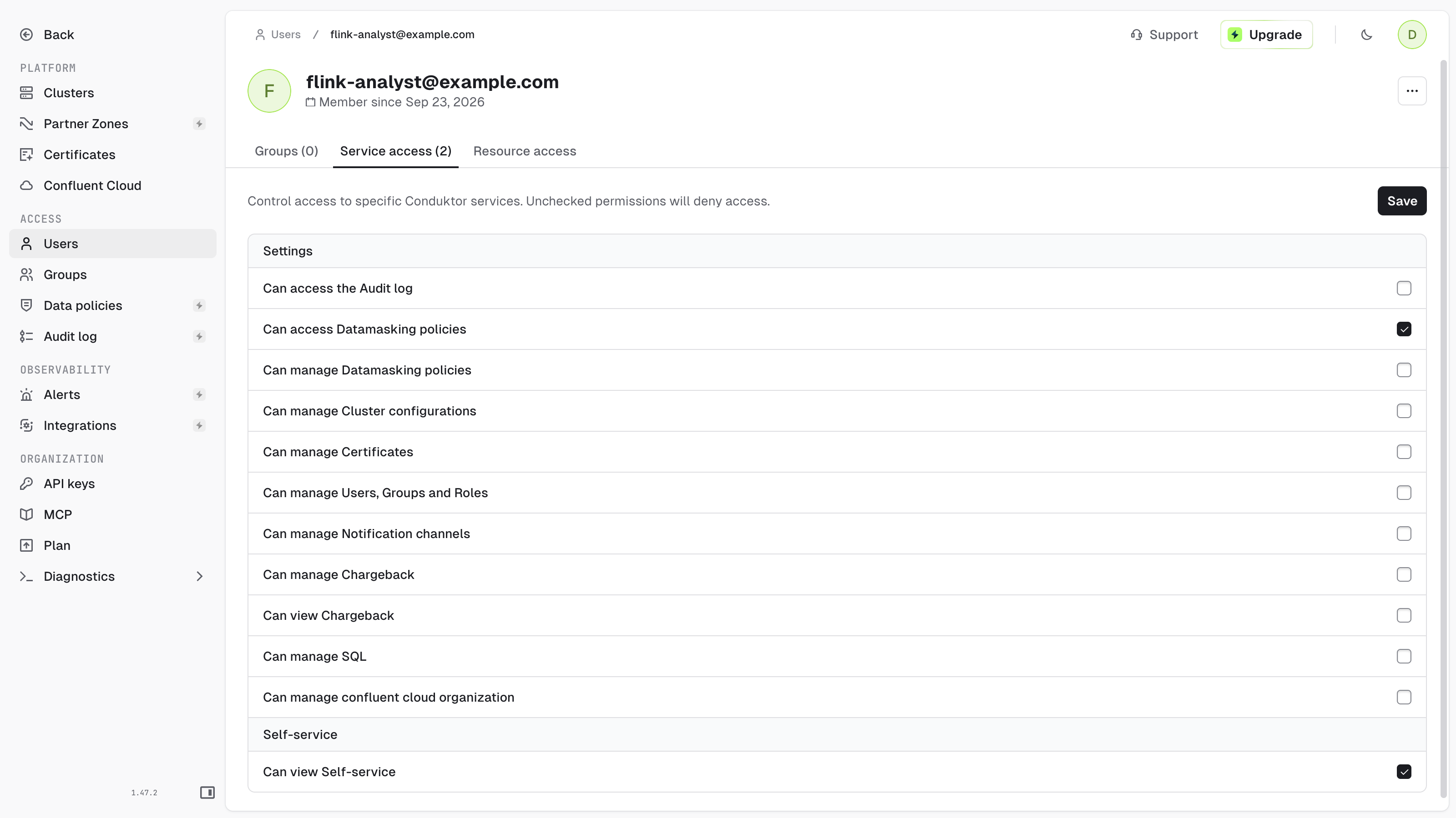 Service access tab listing the Can manage confluent cloud organization permission