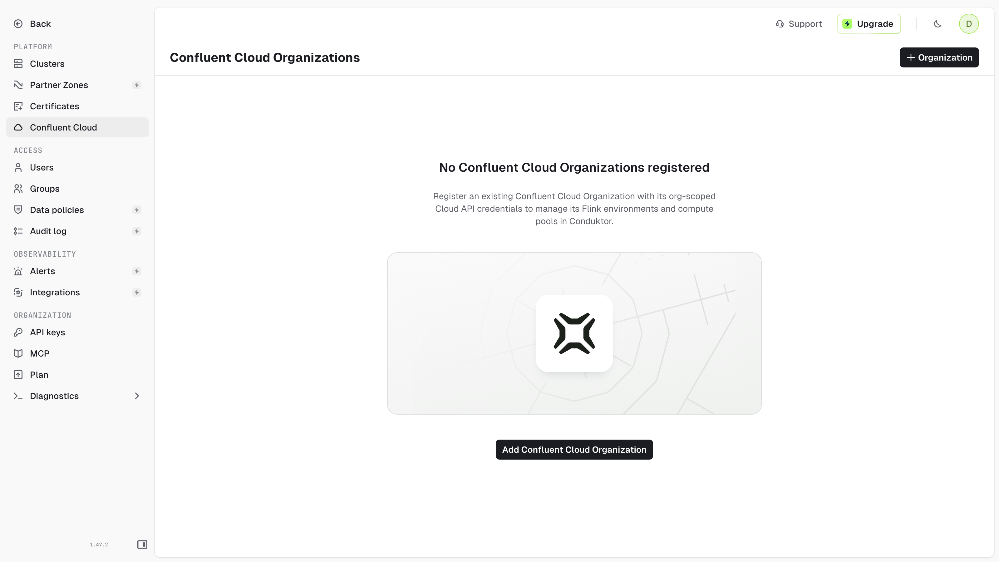 Confluent Cloud Organizations settings page with no organization registered