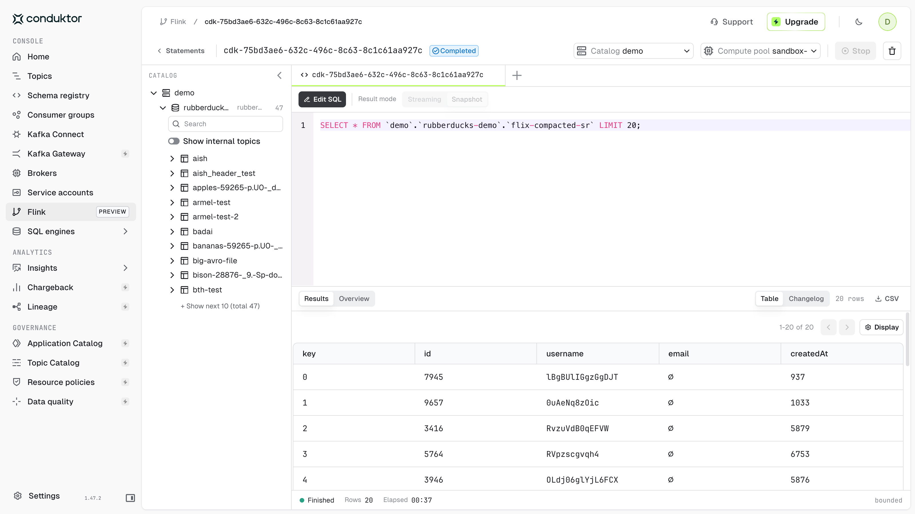 Snapshot results with 20 rows, the CSV button and the Completed status