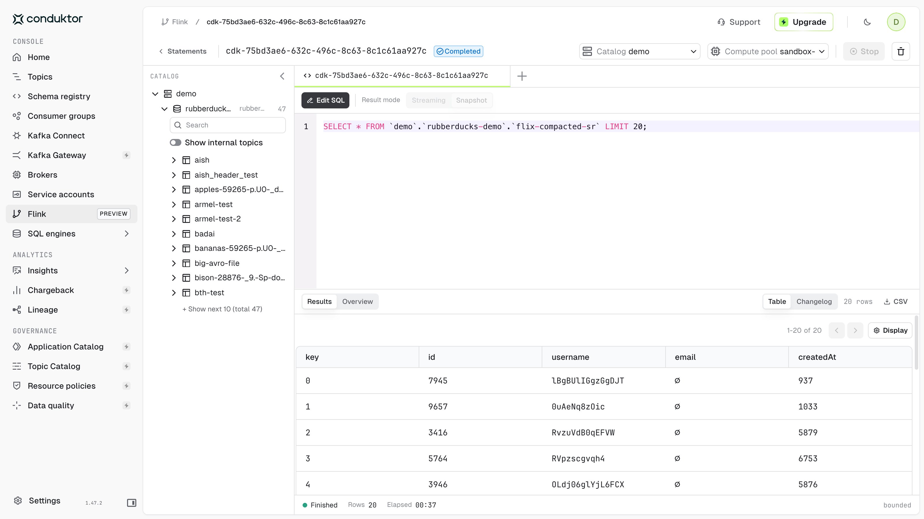 Snapshot results with 20 rows, the CSV button and the Completed status
