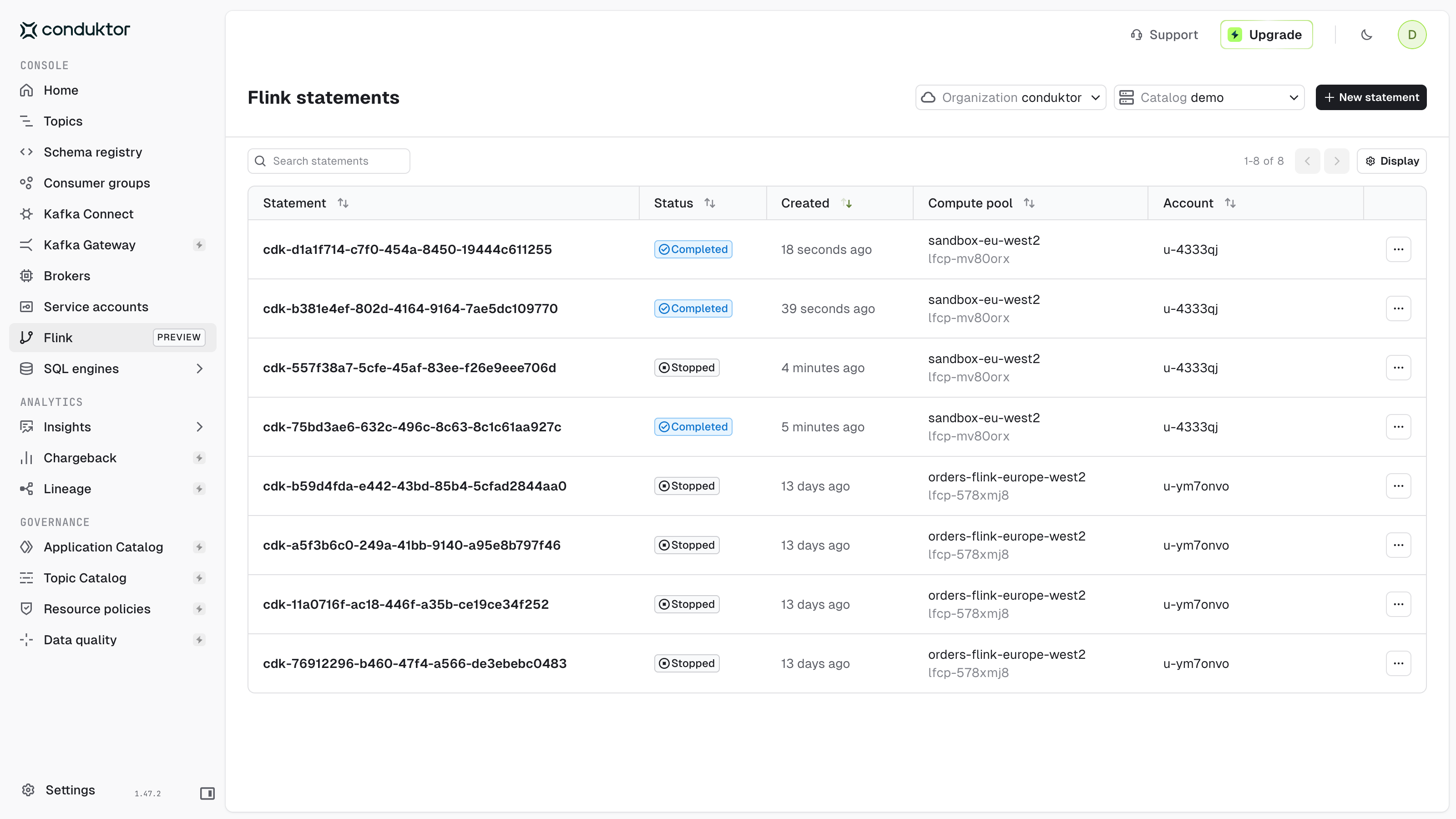 Flink statements list with statement, status, created, compute pool and account columns