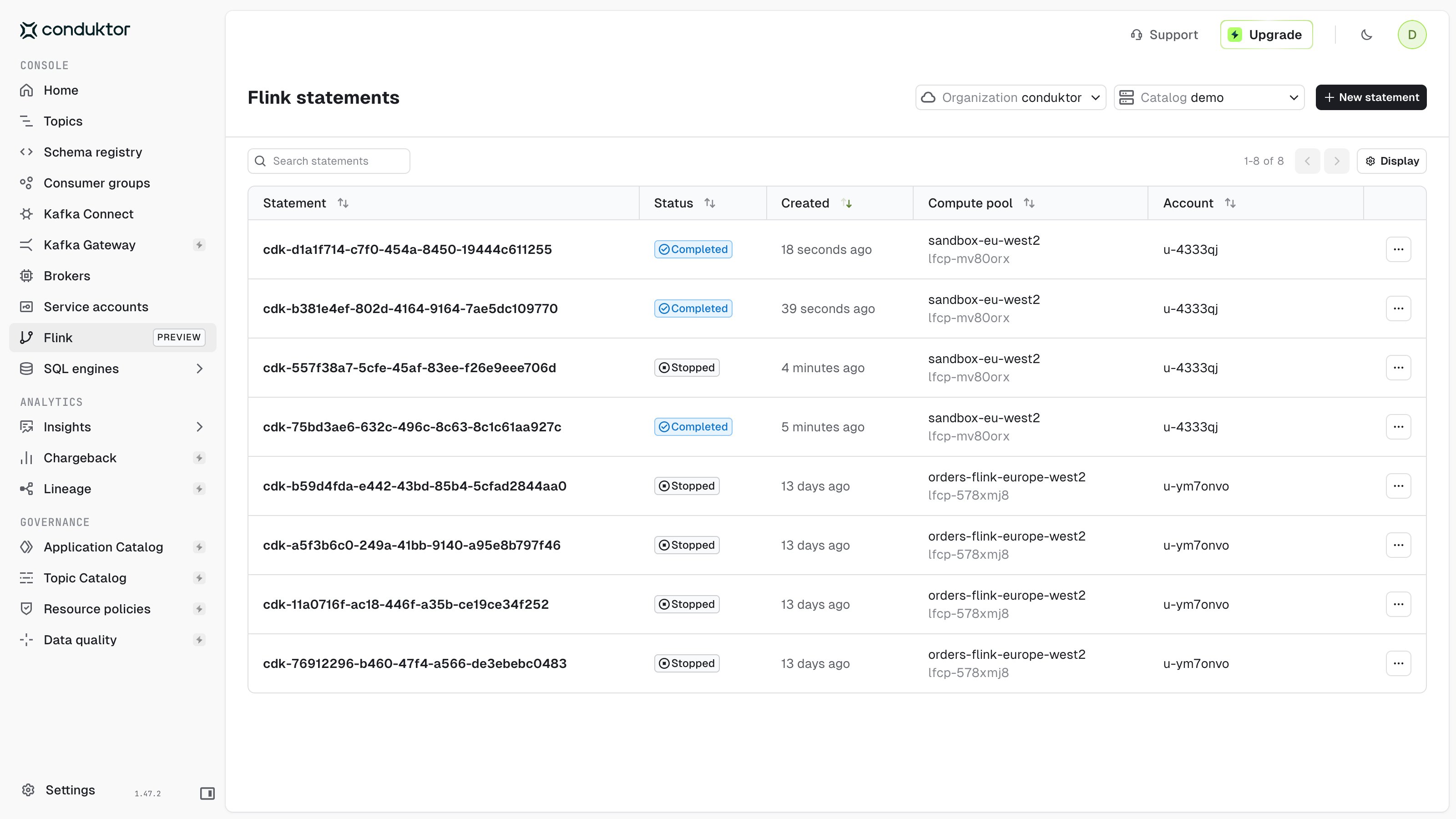 Flink statements list with statement, status, created, compute pool and account columns