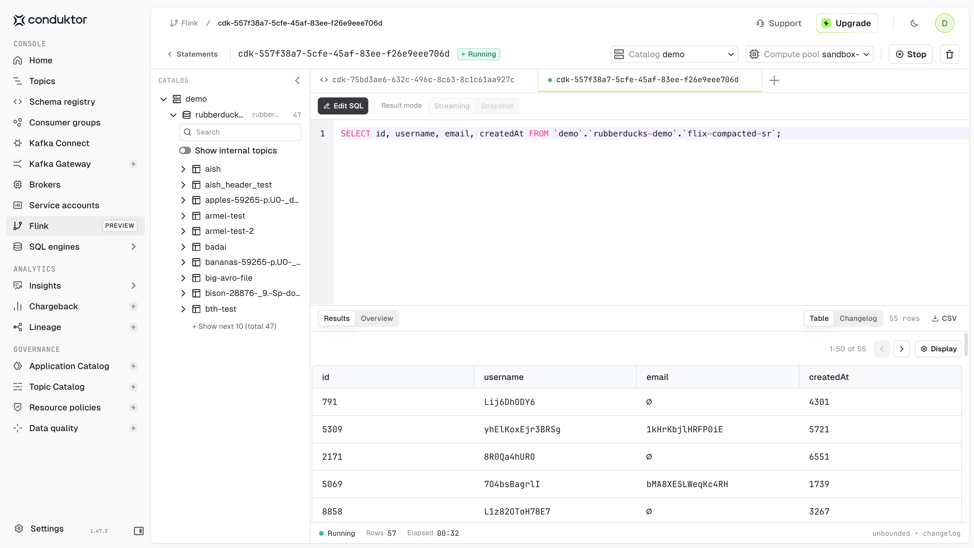 Streaming results in the Changelog view with the Stop button enabled