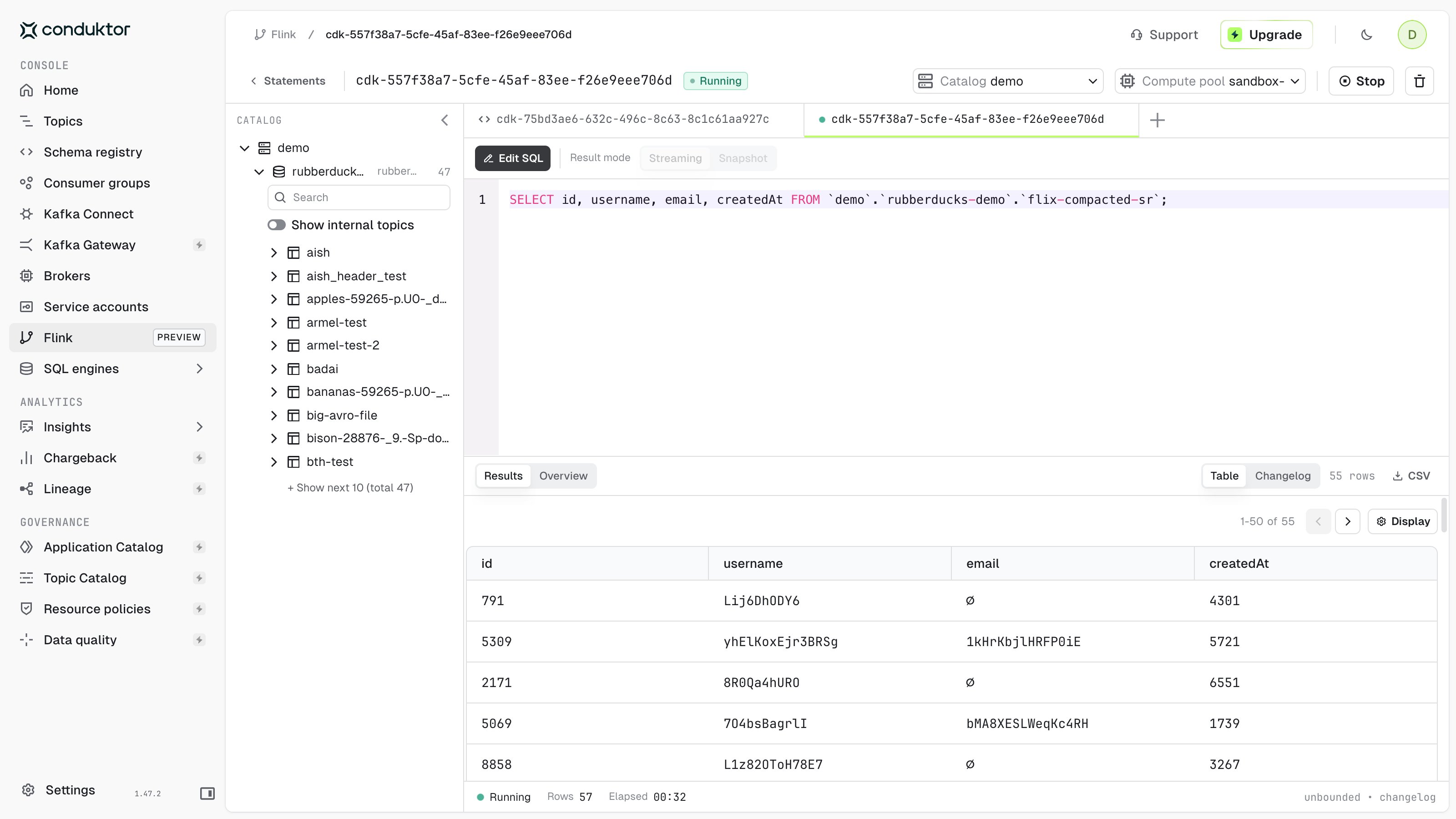 Streaming results in the Changelog view with the Stop button enabled
