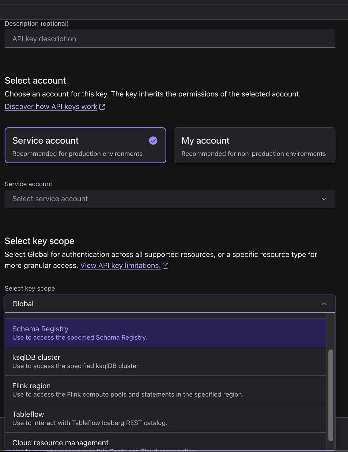 The Confluent Cloud Create API key form with Select key scope set to Global