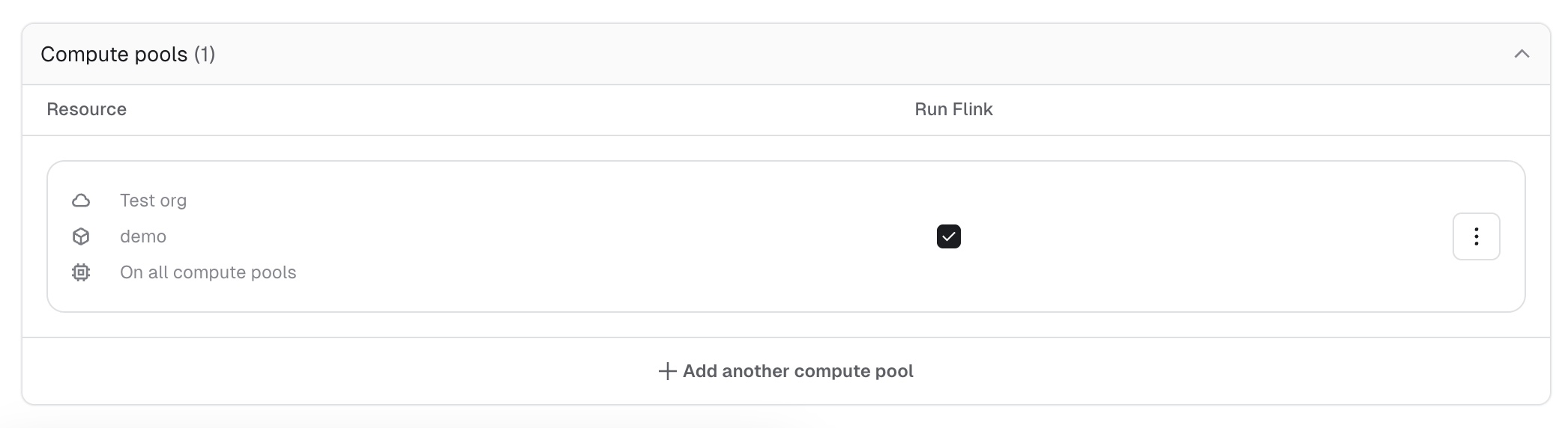 A user's resource access showing a compute pool with the Run Flink permission