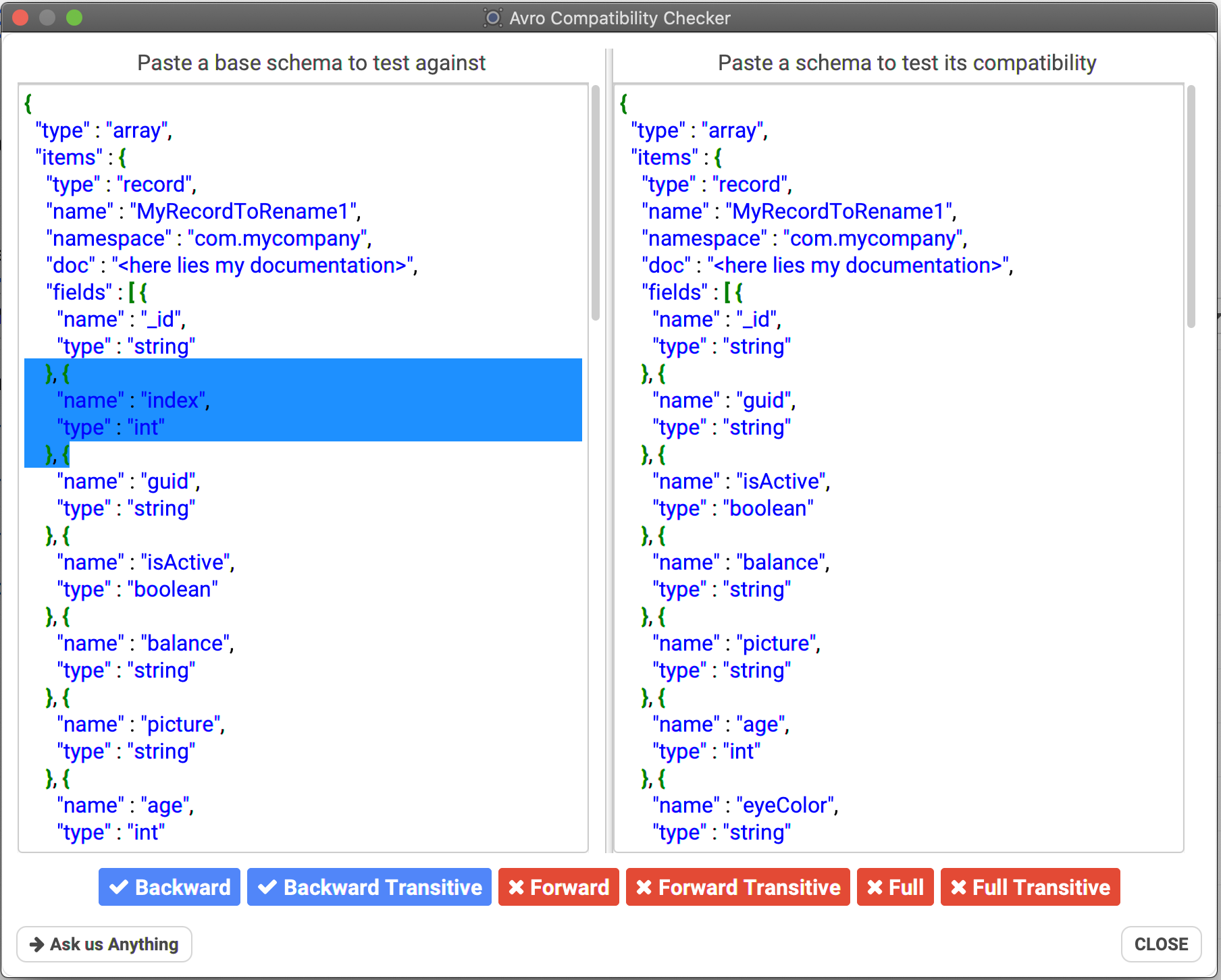 Removing "index" field makes the compatibility only Backward