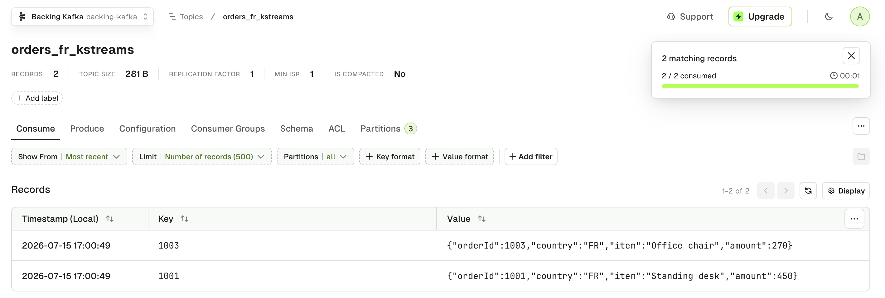 The two French orders in orders_fr_kstreams shown in Conduktor Console, with no email field