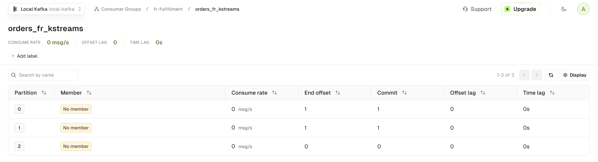 fr-fulfillment consumer group with zero lag on orders_fr_kstreams shown in Conduktor Console