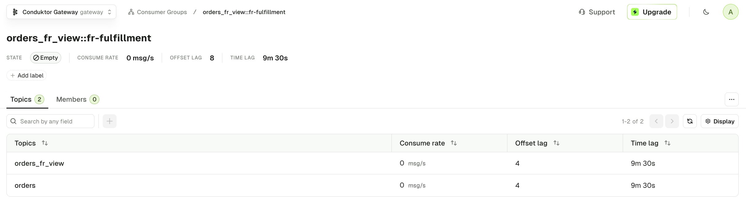The orders_fr_view::fr-fulfillment consumer group in Conduktor Console, showing the two topics it has committed offsets on — the view orders_fr_view and its backing topic orders