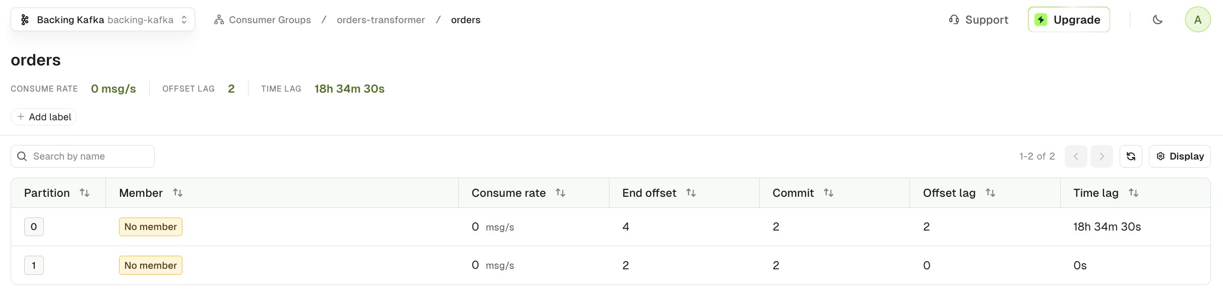 orders-transformer consumer group lag on the orders topic shown in Conduktor Console