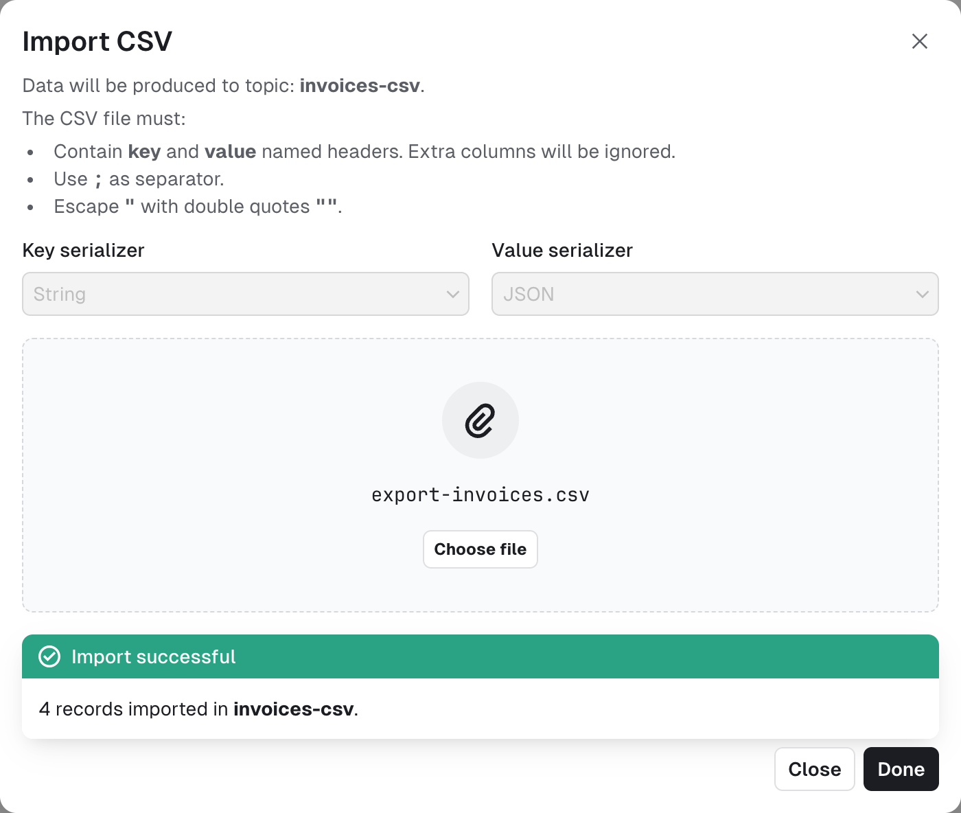 Produce import CSV success