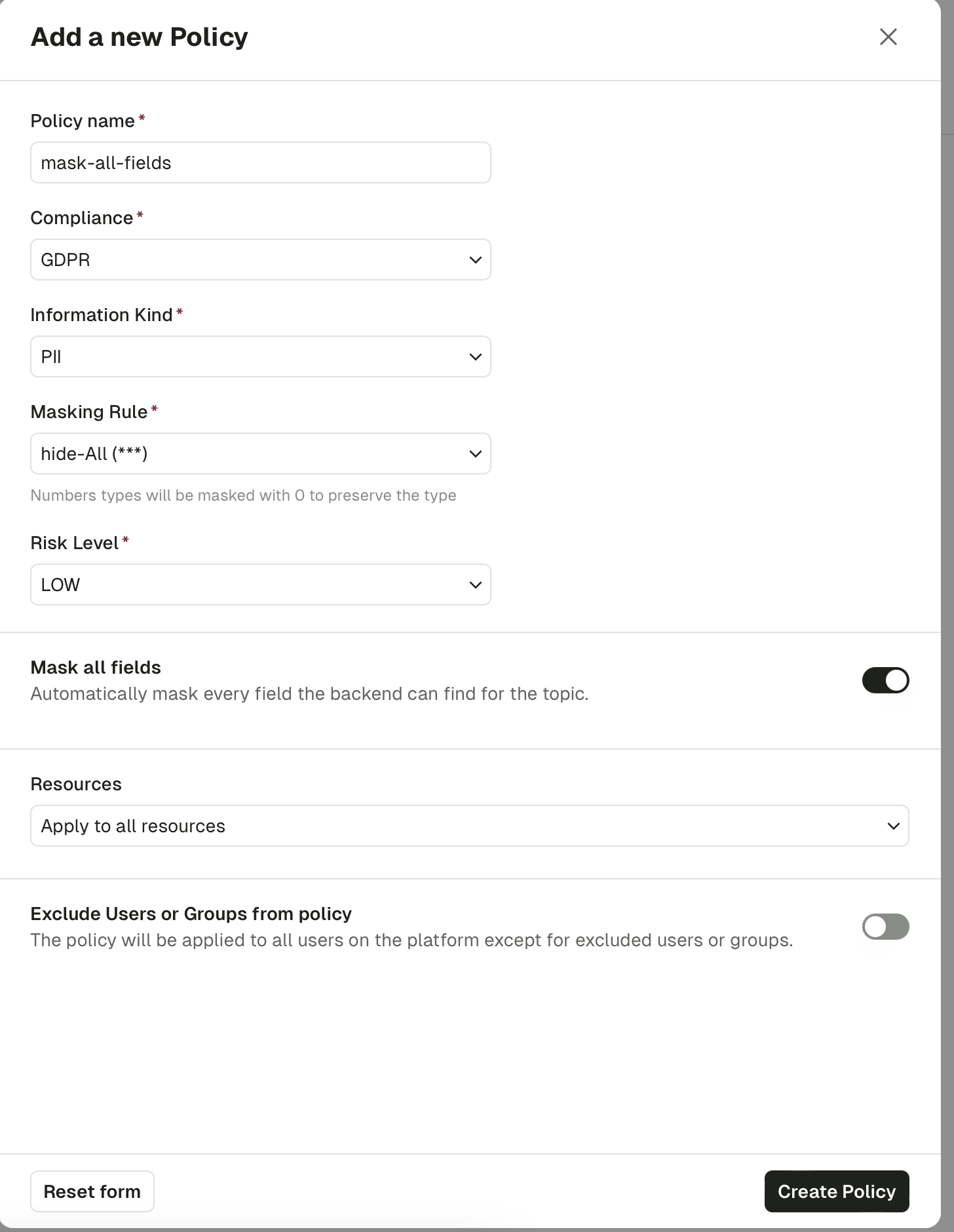 Add a new policy dialog with Mask all fields enabled