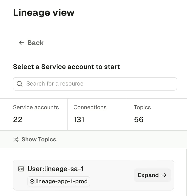 Expand a service account from the sidebar