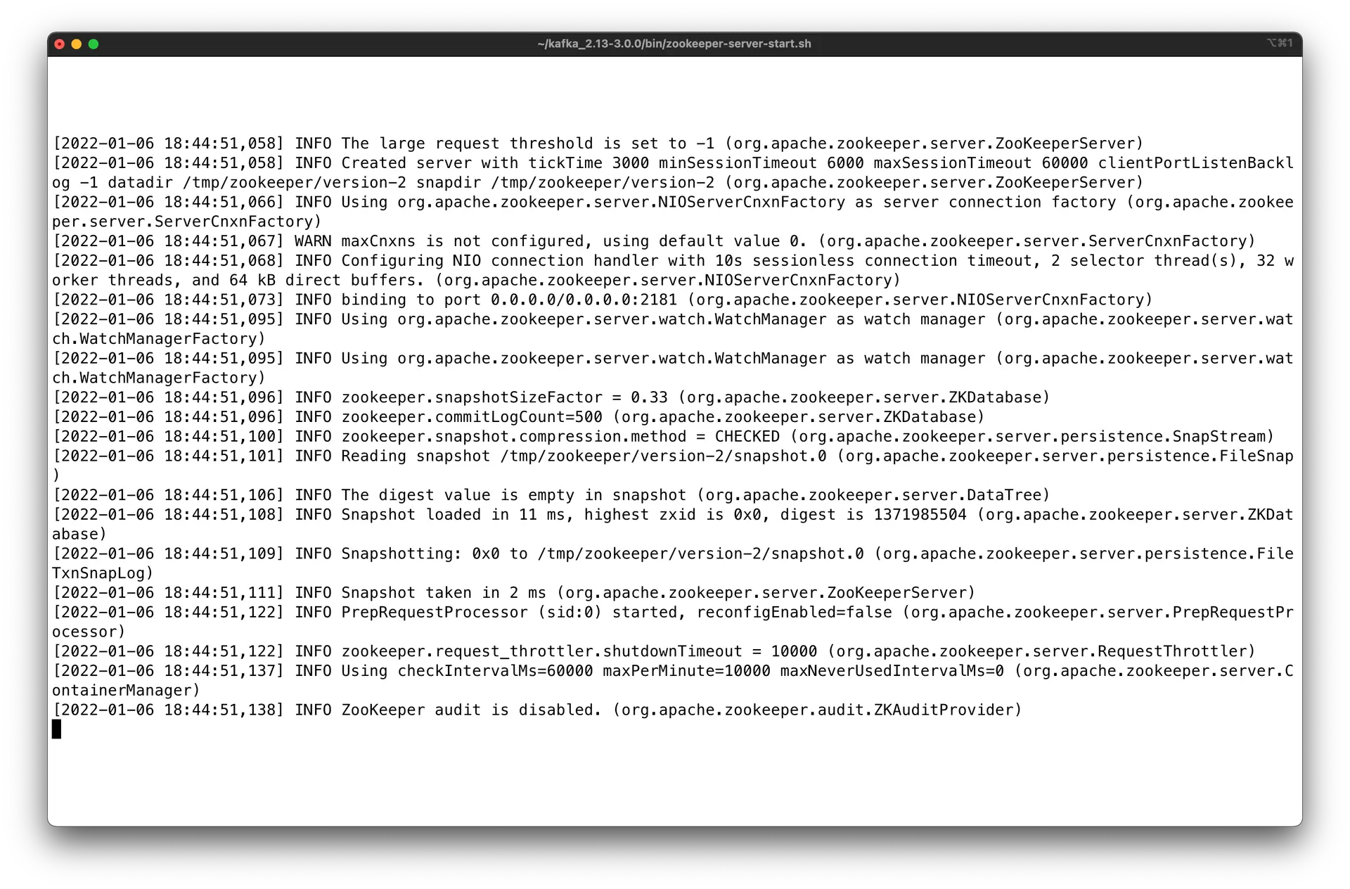 Terminal screenshot showing that Zookeeper for Kafka is running.