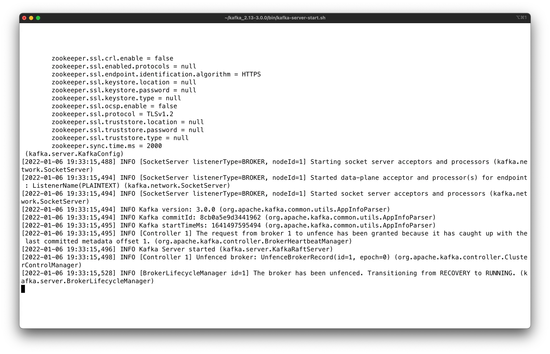 Screenshot of Terminal text showing how to start Zookeeper for Apache Kafka when installing