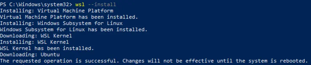 Screenshot showing that the Windows Subsystem for Linux, needed to install Apache Kafka on Windows has been successfully installed.