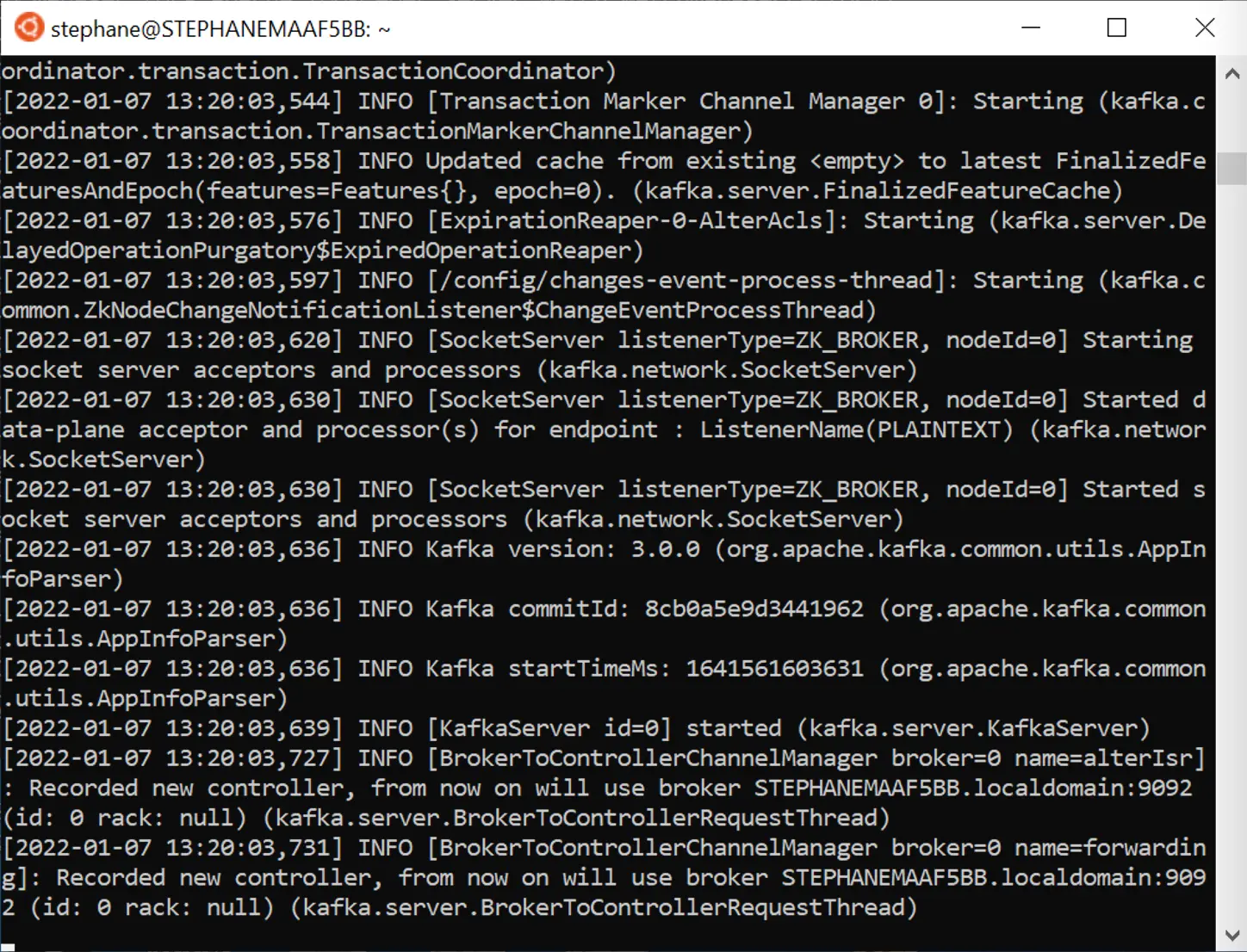 Shell window showing the processes associated with starting Zookeeper for Kafka on Windows.