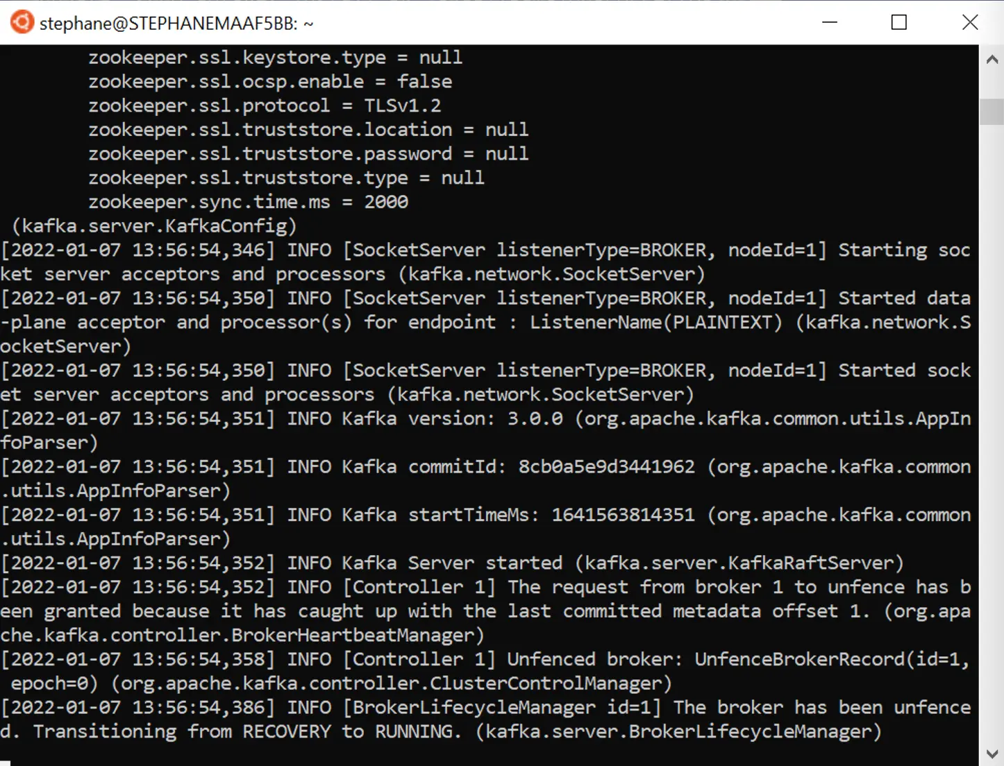 Shell window showing the processes associated with KRaft Mode for Kafka on Windows