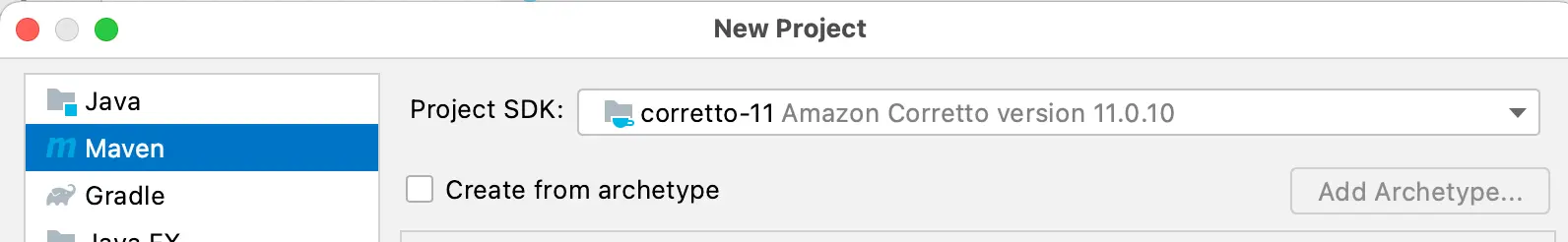 Kafka Maven Java Project screenshot from IntelliJ IDEA when beginning a new Java Maven Project for interacting with a Kafka Cluster.