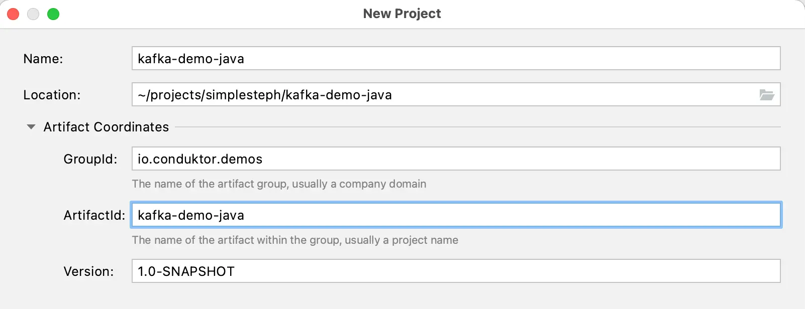 Screenshot showing the attributes for your Kafka Demo Java project in Maven ((pom.xl) via IntelliJ IDEA.