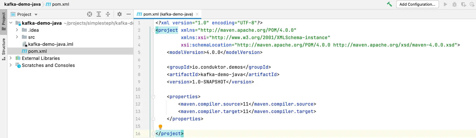 Defining the dependencies for Kafka Maven Client project in pom.xl xml file screenshot.