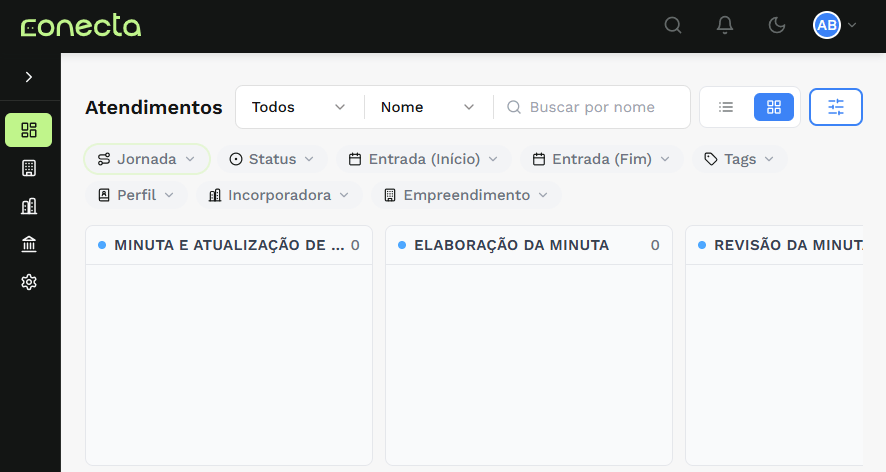 Quadro de atendimentos e filtros