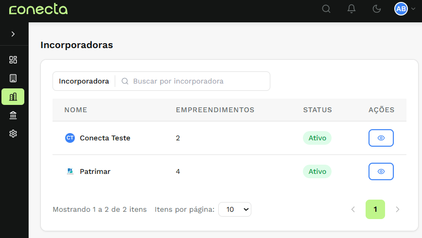 Página de detalhes da incorporadora