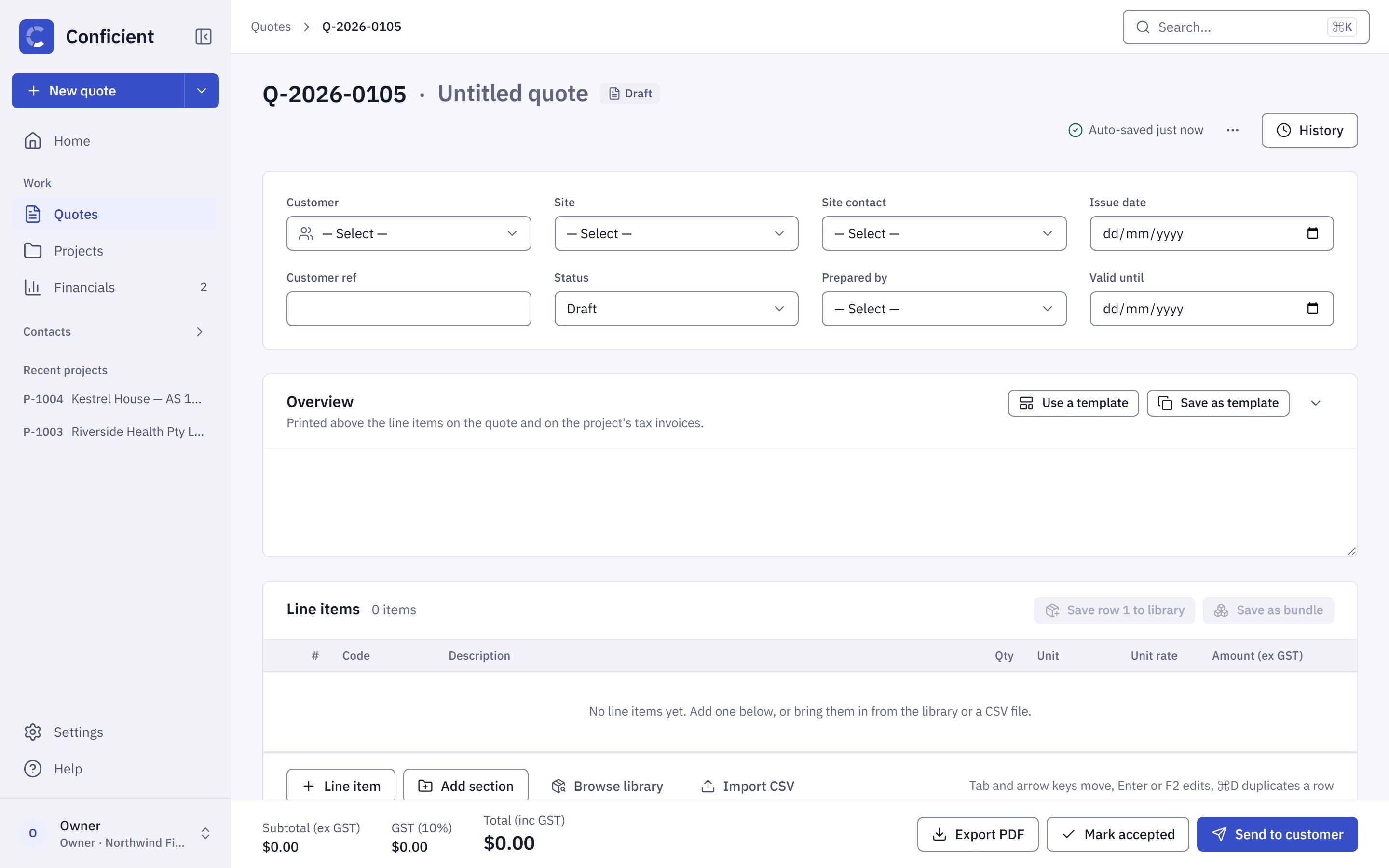 The quote editor showing a new, empty draft quote