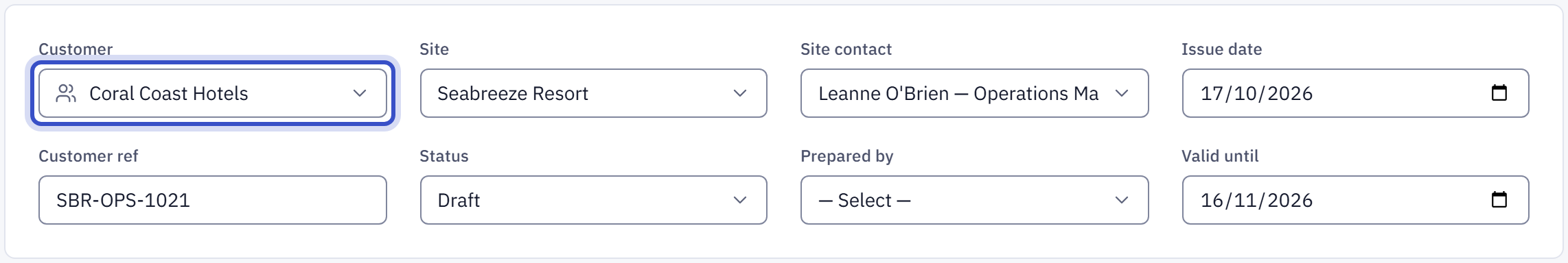 The quote's details card with customer, site, contact, dates and reference filled in