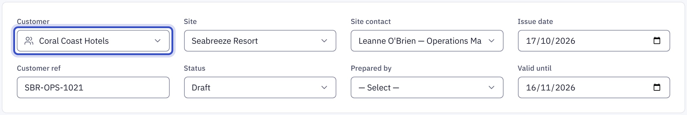 The quote's details card with customer, site, contact, dates and reference filled in