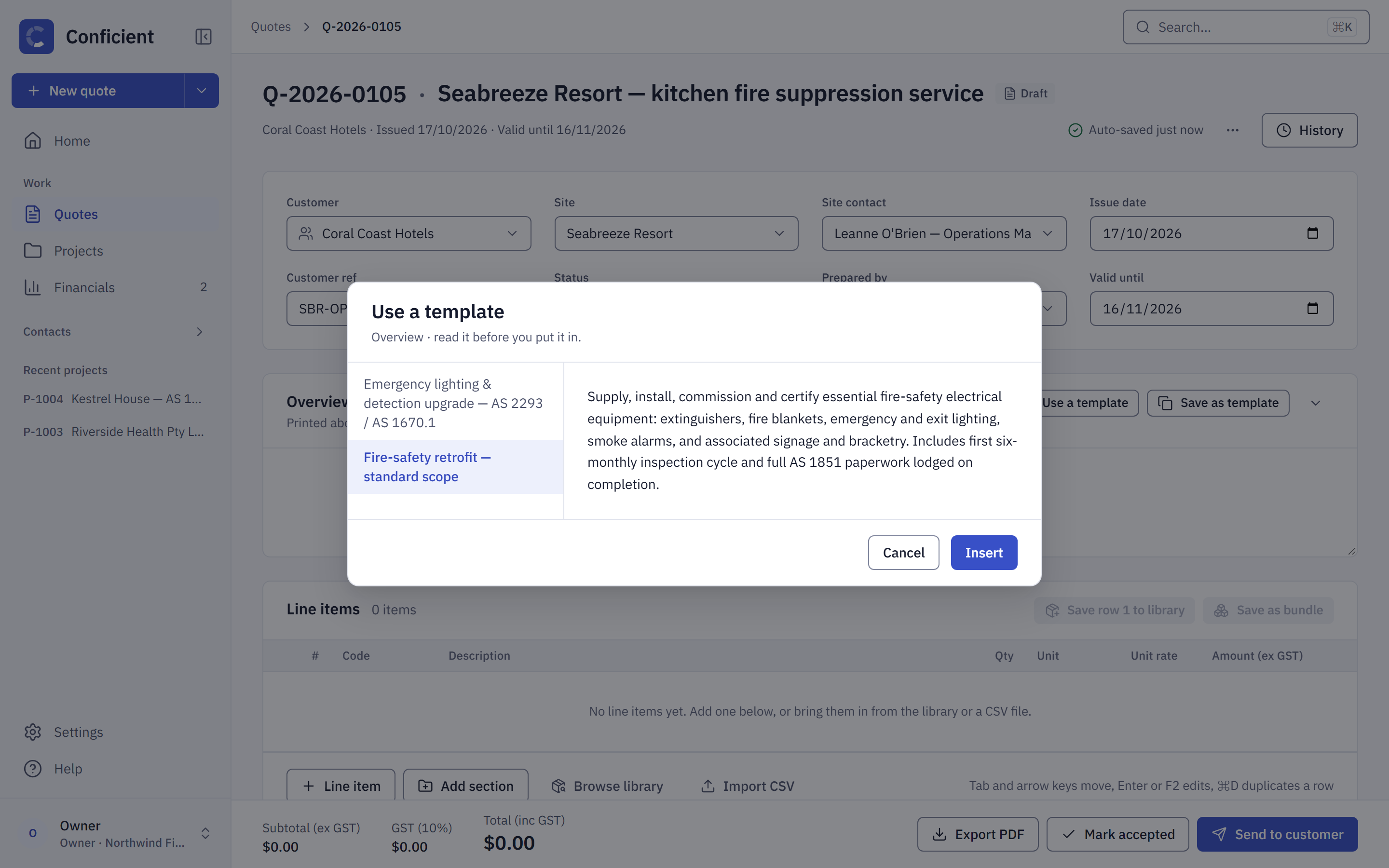 The Use a template dialog showing a saved overview wording with an Insert button