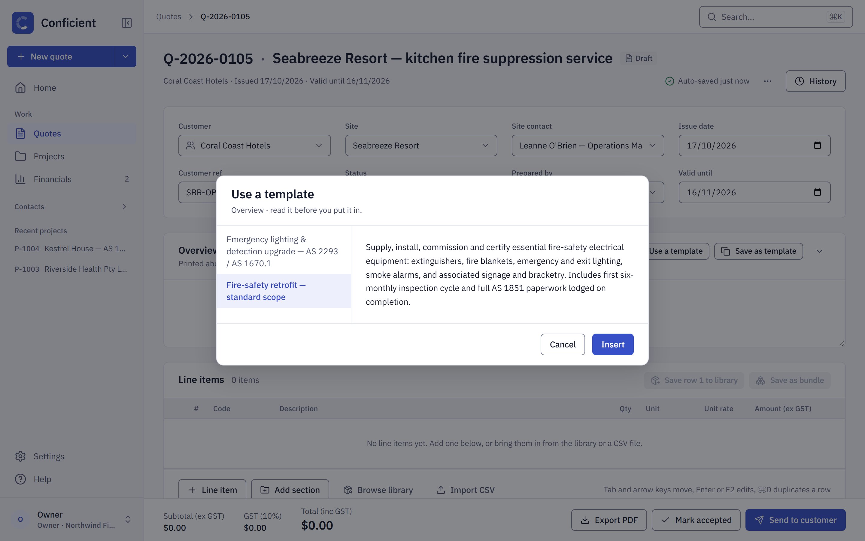 The Use a template dialog showing a saved overview wording with an Insert button
