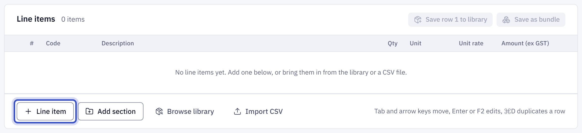 The Line items card before any rows, with the Line item button outlined