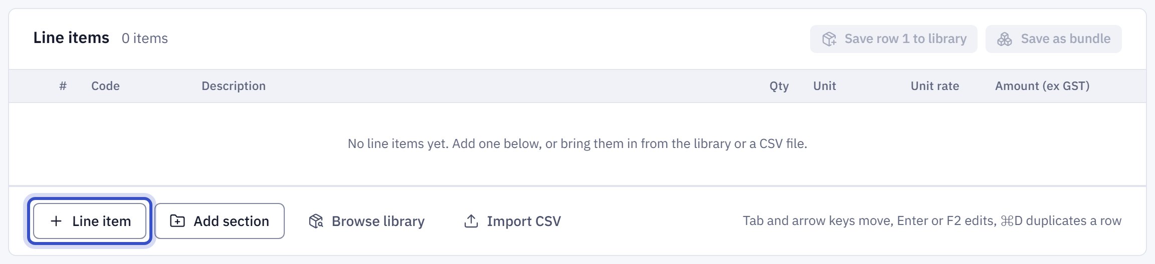 The Line items card before any rows, with the Line item button outlined