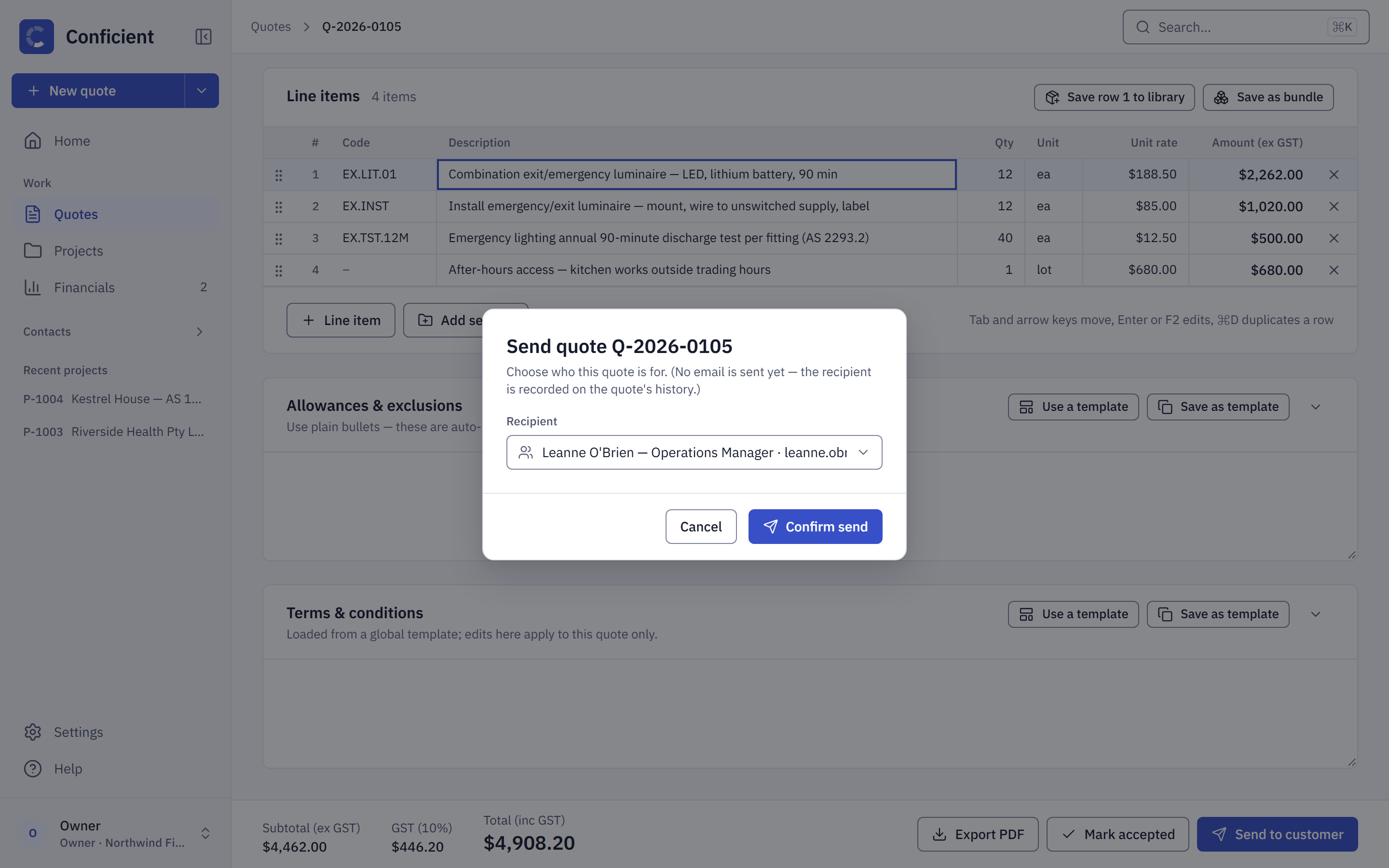 The Send quote dialog with a recipient chosen and the Confirm send button