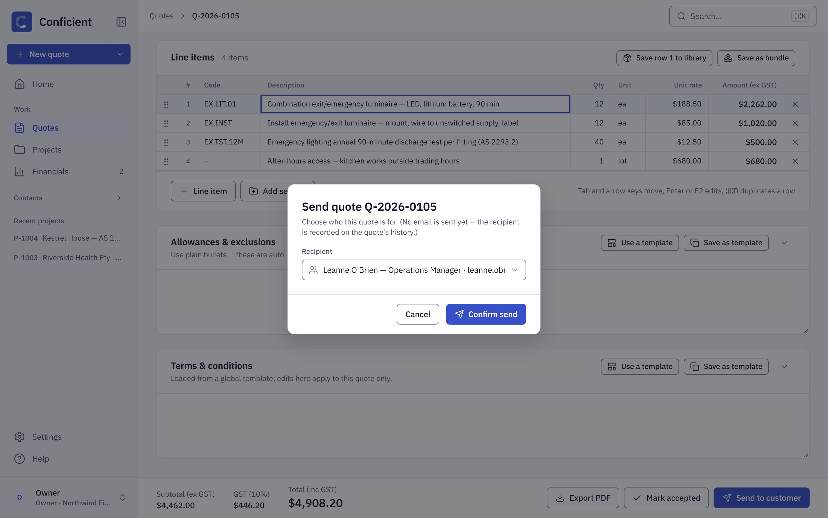 The Send quote dialog with a recipient chosen and the Confirm send button