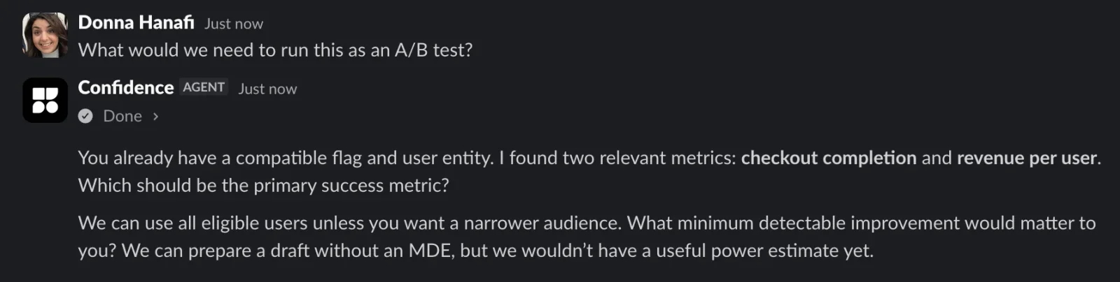 Confidence asking which success metric and audience to use when preparing an A/B test.