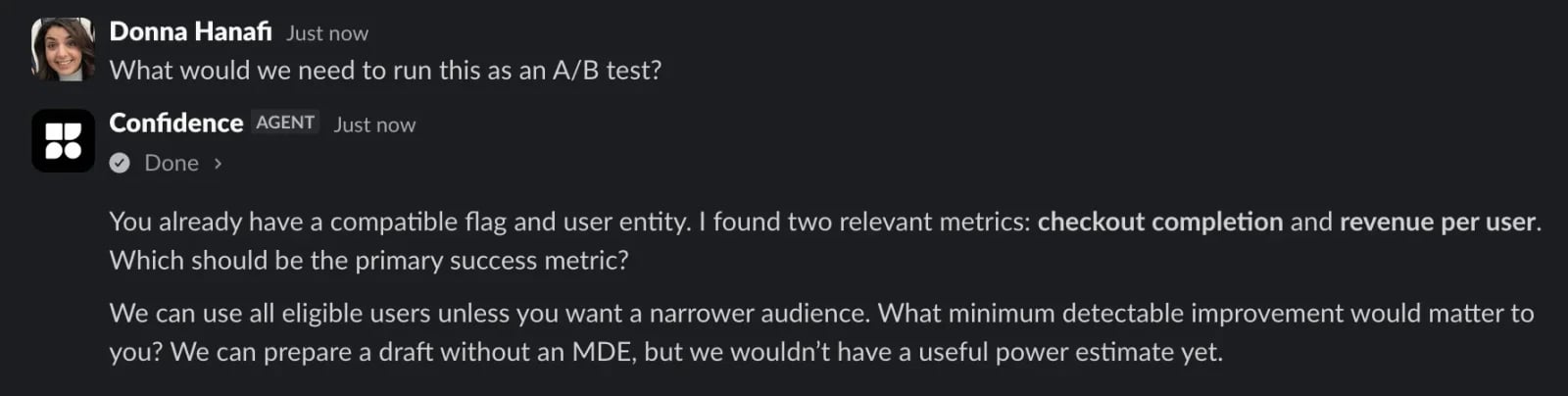 Confidence asking which success metric and audience to use when preparing an A/B test.