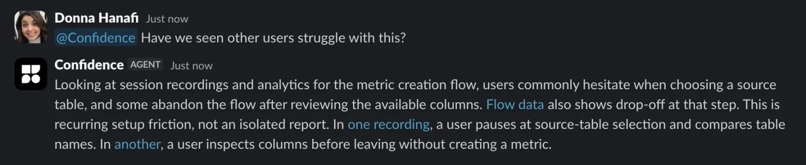 Confidence summarizing analytics and recording evidence about friction during metric setup.