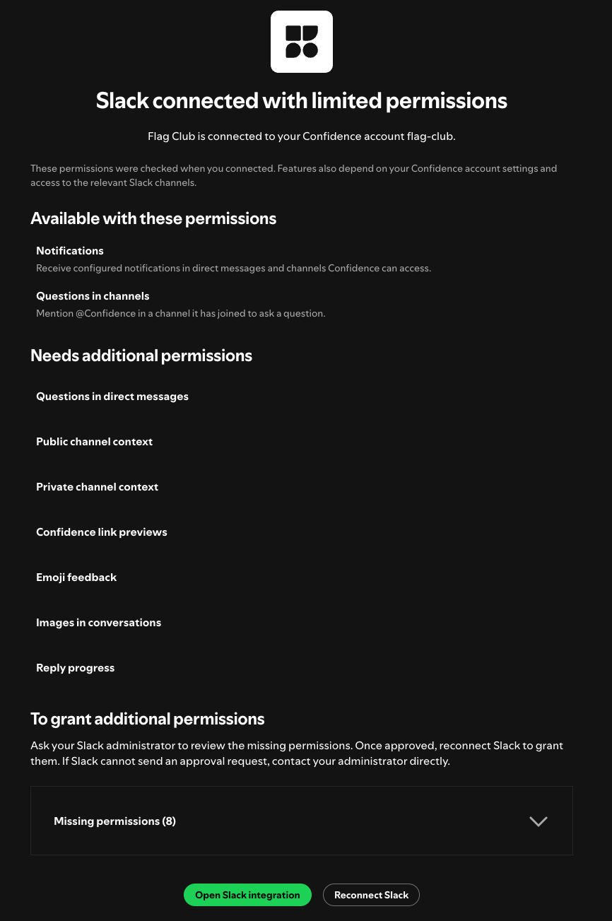 Flag Club connected with limited permissions, with available features and missing permissions listed.
